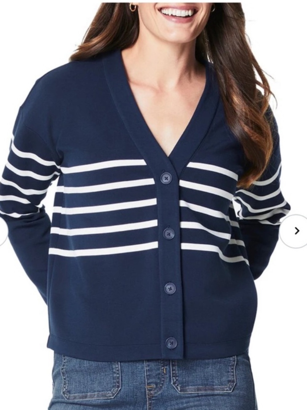 SPANX Air Essentials Coastal Navy Striped Button Down V Neck Cardigan